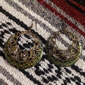 Bronze Plated Boho Dangle Earrings with Green Flower Print